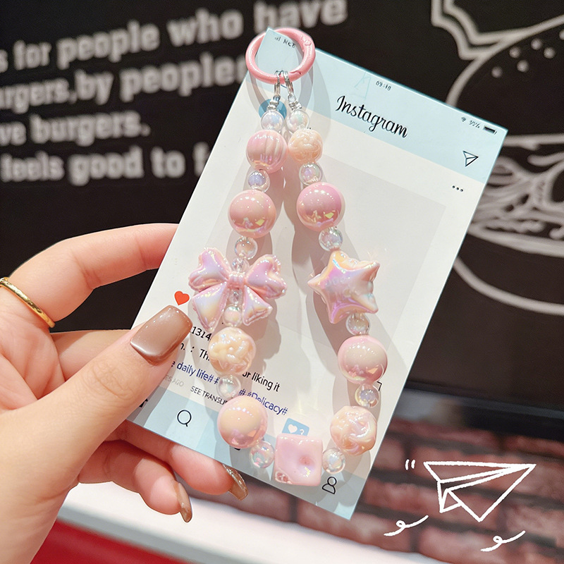 New Electroplated Lace Bowknot Bead Chain Phone Chain Car Keychain Lucky Star Bag Pendant Accessory