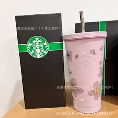 夏の新鮮なロマンチックな紫色の花ストローカップ高価値ステンレス鋼 304 断熱カップ学生カップルコーヒーカップ