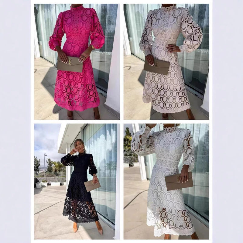 2025 spring new French lace stand collar bubble sleeve waist slimming dress temperament European and American dress