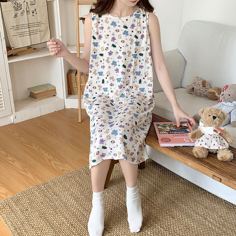 2024 algodón arrugado pijama de verano mujer sin mangas chaleco pijama fresco chaleco de flores vestido para el hogar