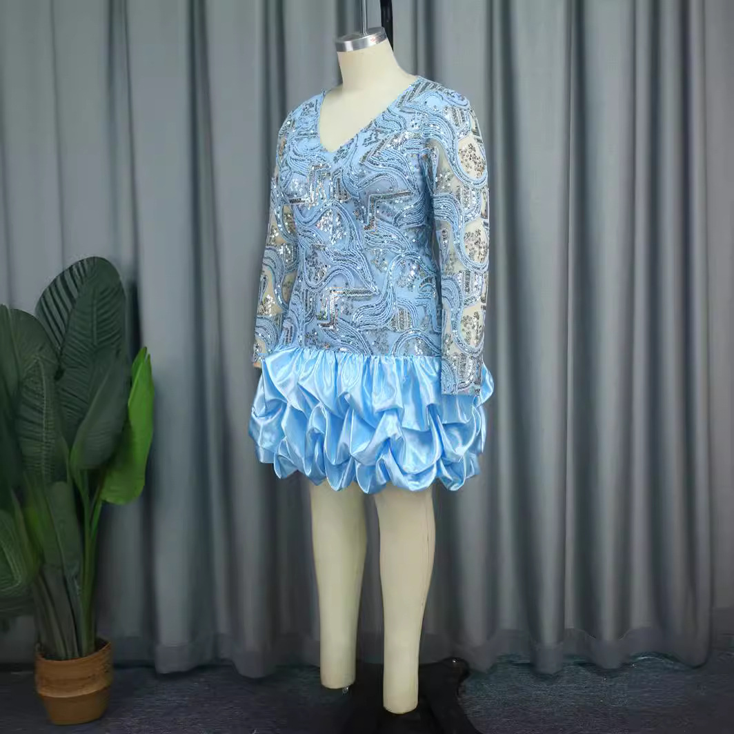 Dámske oblečenie Letné nové flitrované šaty s výstrihom do V Párty vrstvené šaty_voghion.com