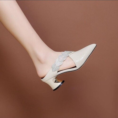 Summer New Korean Style Fashion Pointed Toe Slides with Thick Heels, Water Diamond Decor, for Women