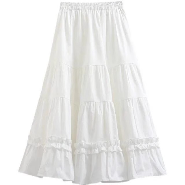White Skirt for Women, Spring and Summer Midi-Length Puffy Skirt, Cute High-Waisted Pleated Slimming Umbrella Skirt, Cake Skirt