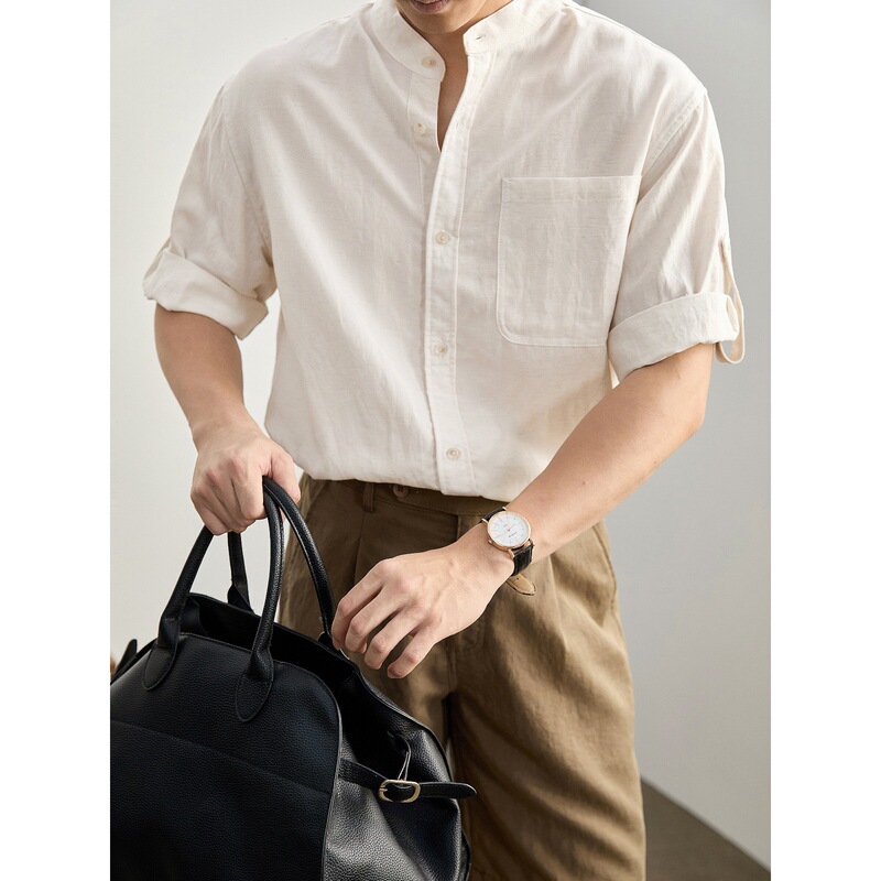 Luud New Chinese-Style Stand-Collar Five-Quarter Sleeve Shirt, Tencel Lyocell Linen Adjustable Sleeve Cuffs, Thin Shirt for Men
