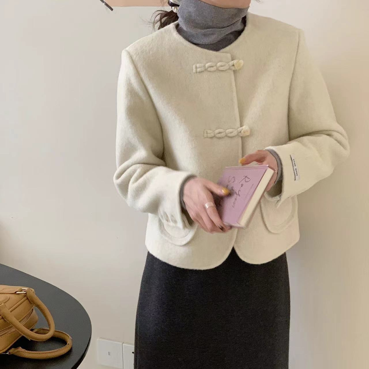 中国风双面羊绒大衣女小香风爱心扣盘扣口袋小个子短款羊毛呢外套