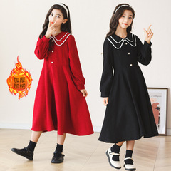 Zhongda Girls' Fleece-Lined Dress 2022 Autumn/Winter New Sweet and Cute Lace Collar Corduroy Dress