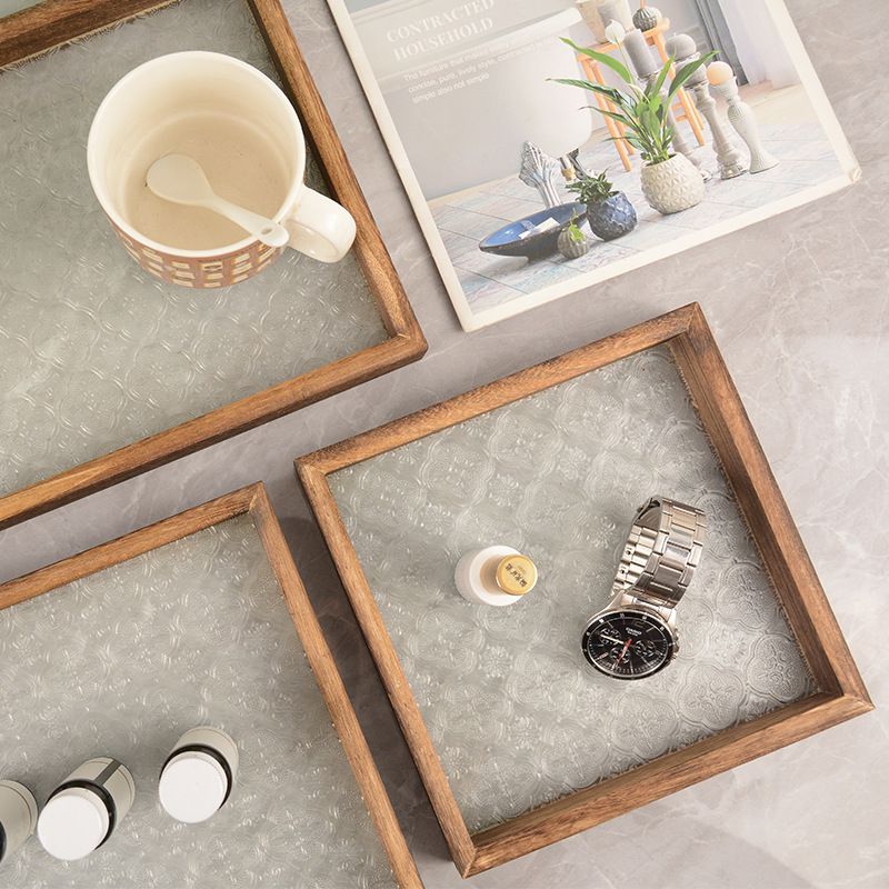 复古海棠花家用长方形玻璃收纳托盘水果点心盘茶盘中式咖啡水杯