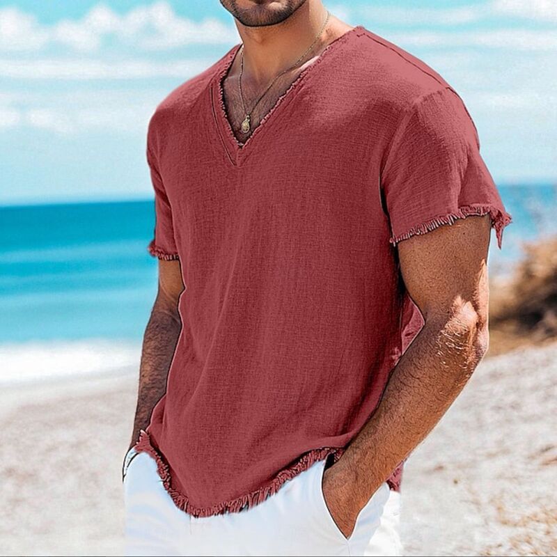 Men's T-Shirt Top, Linen T-Shirt, Short-Sleeve V-Neck, Summer Solid Color, Fashion Designer Basic Style, Soft Beach Wear