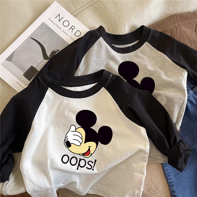 Pure Cotton Children's Long-Sleeve T-Shirt for Boys and Girls 2026 Cute Mickey Mouse Cartoon Toddler Tops for Spring and Autumn