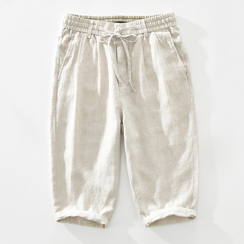 1626 Men's Linen Casual Pants Drawstring Elastic Waist Trousers Loose Breathable Linen Cropped Pants Dropshipping