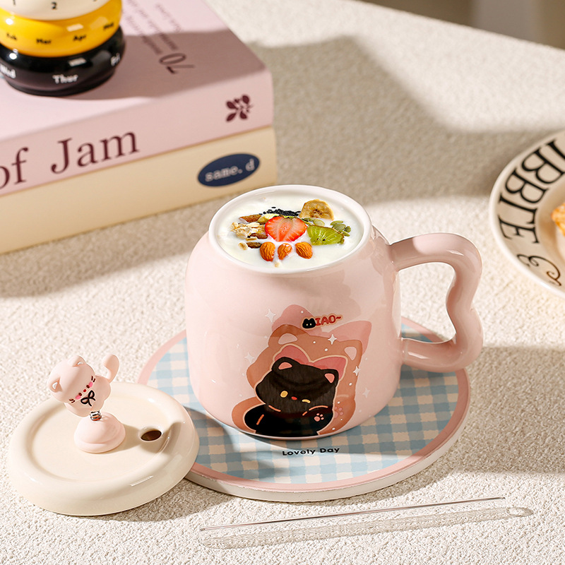 Taza de Cerámica con Pajita, Estilo Gato Negro, Linda y Suave, con Tapa, Para Oficina, Hogar y Parejas