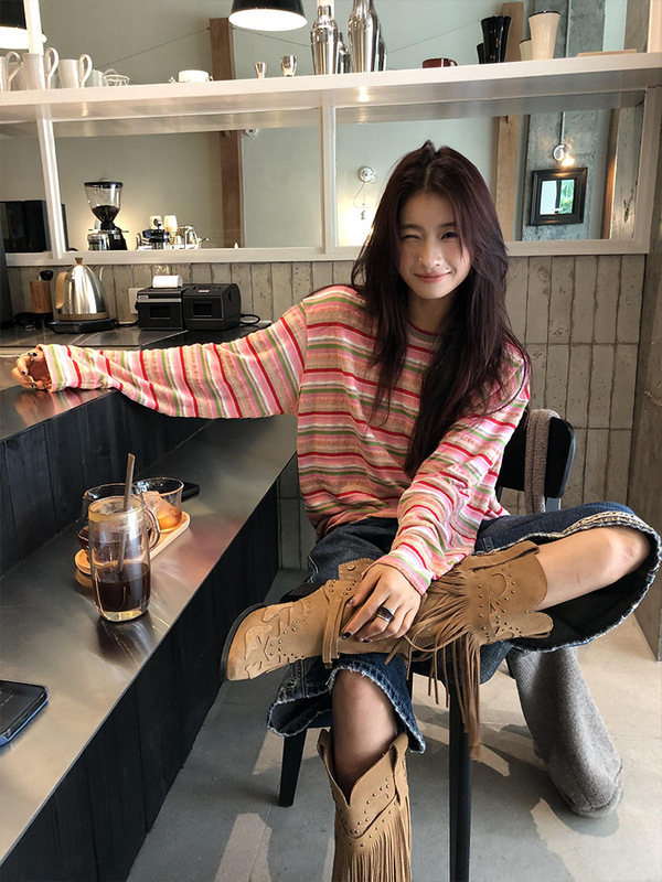 肌理感彩色条纹圆领长袖t恤女秋季松弛休闲气质慵懒宽松百搭上衣|undefined