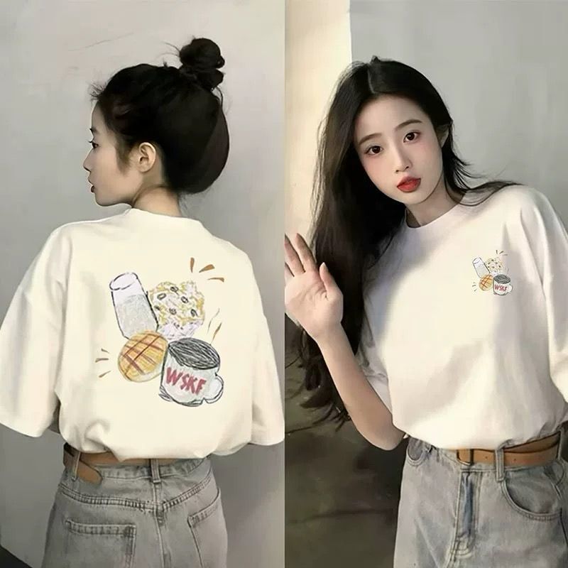 100% Pure Cotton Summer New Japanese Style Front and Back Printed Regular Shoulder Short Sleeve T-Shirt for Female Students Ins Casual Loose Top