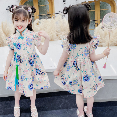 Summer girls chinese floral qipao dress circle 0 to 6 years old baby cotton dress girl slim skirt children hanfu skirt