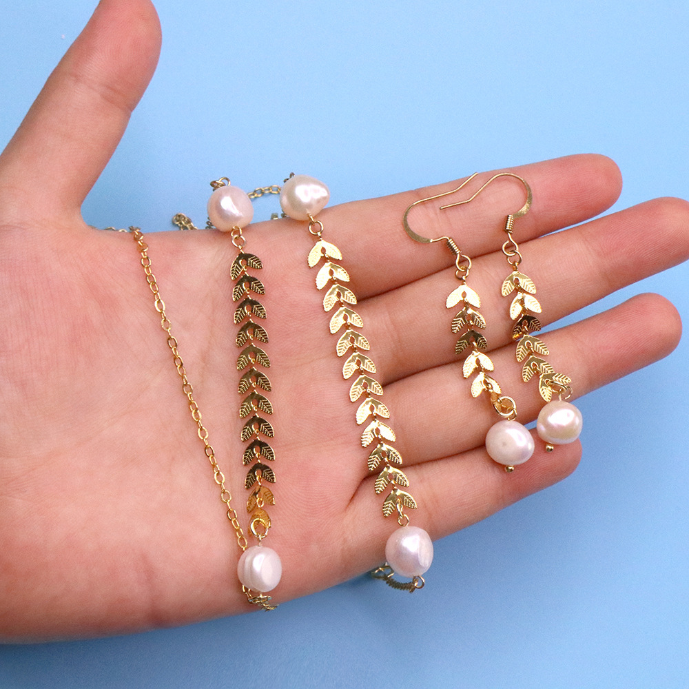 Fashion Leaf Copper Pearl Bracelets Earrings Necklace