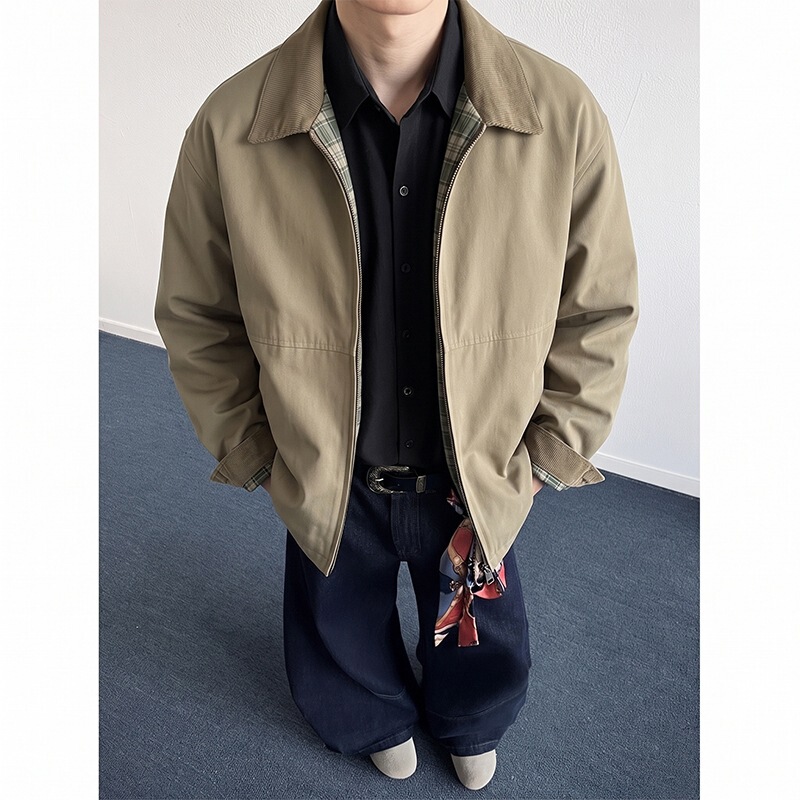 Vintage barn-style lapel work jacket for men, short length, Cleanfit washed cotton, loose and stiff Harrington jacket Vintage barn-style lapel work jacket for men, short length, Cleanfit washed cotton, loose and stiff Harrington jacket