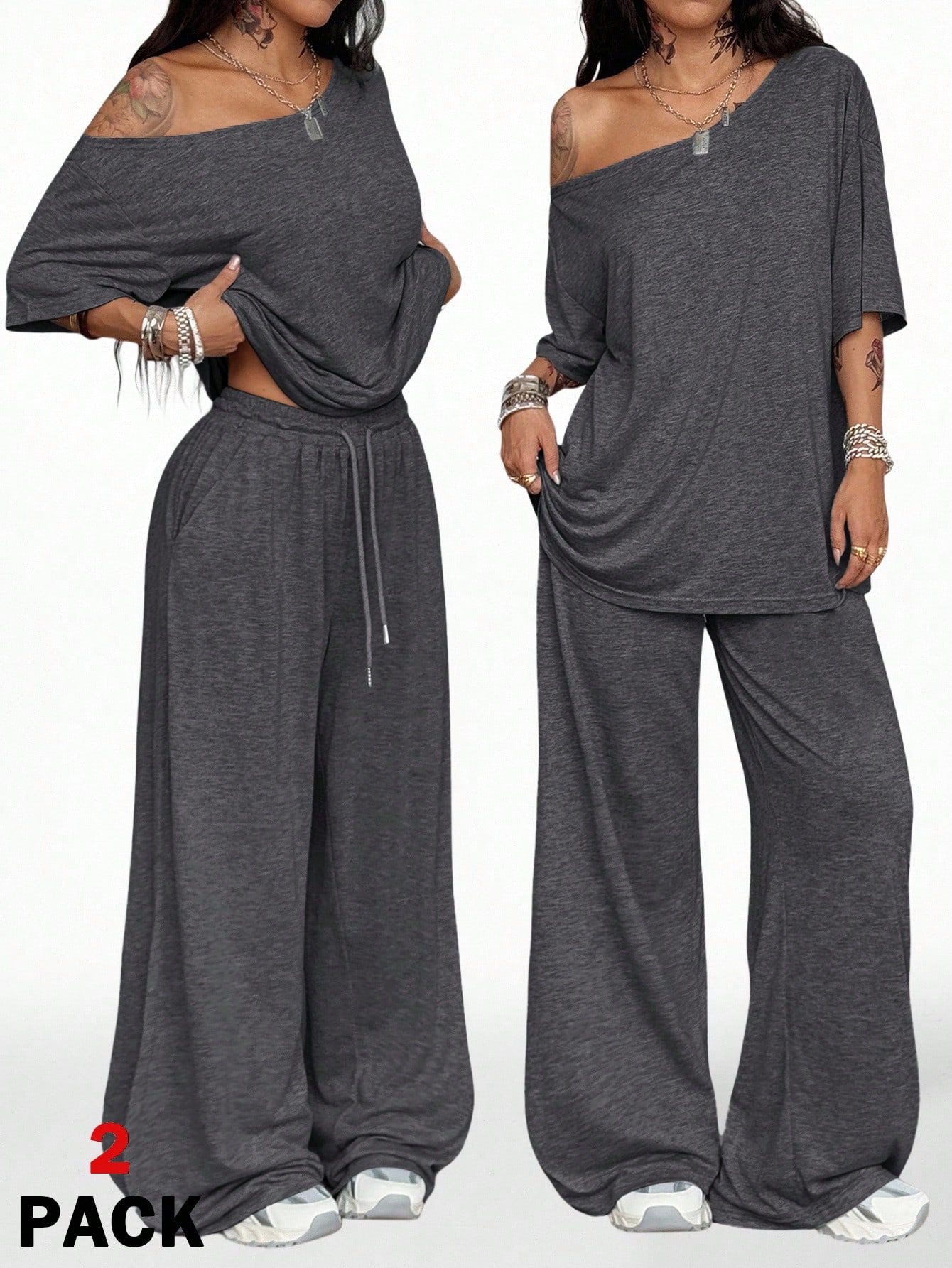 2026 Women's Casual Solid Color Oblique Neck Wide Leg Pants Set Sports Two-piece Set Loose Pants_ecoleips.com