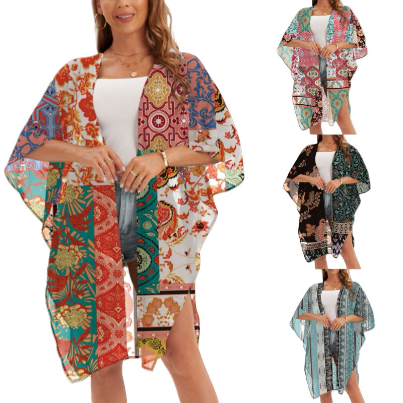 European and American Cross-Border Women's Sun Protection Blouse Thin Beach Vacation Sun Protection Shirt Swimsuit Shawl Kimono Cardigan for Women