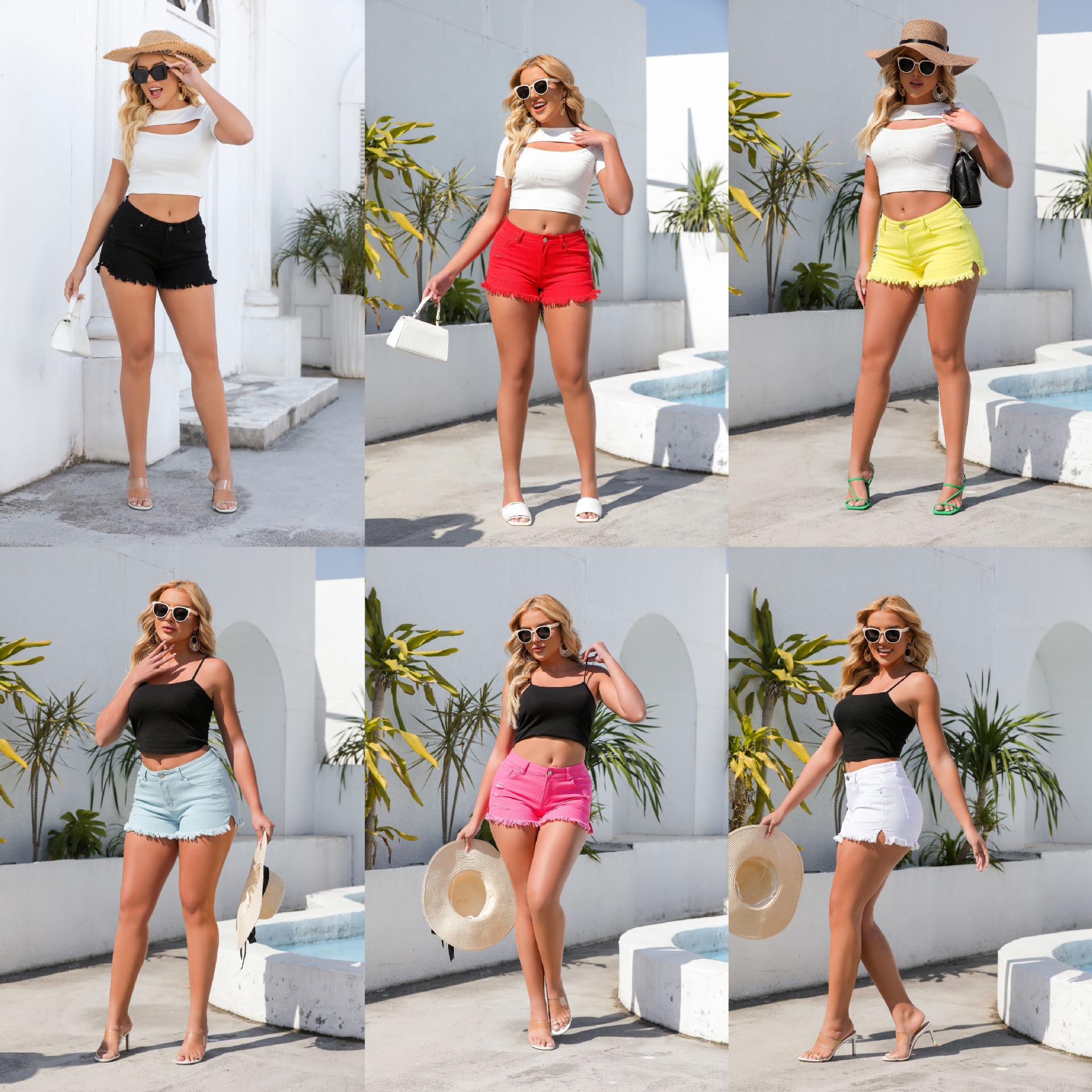 High-Waisted Slimming Ripped Washed Tasseled Denim Shorts Women's Bottoms_ecoleips.com