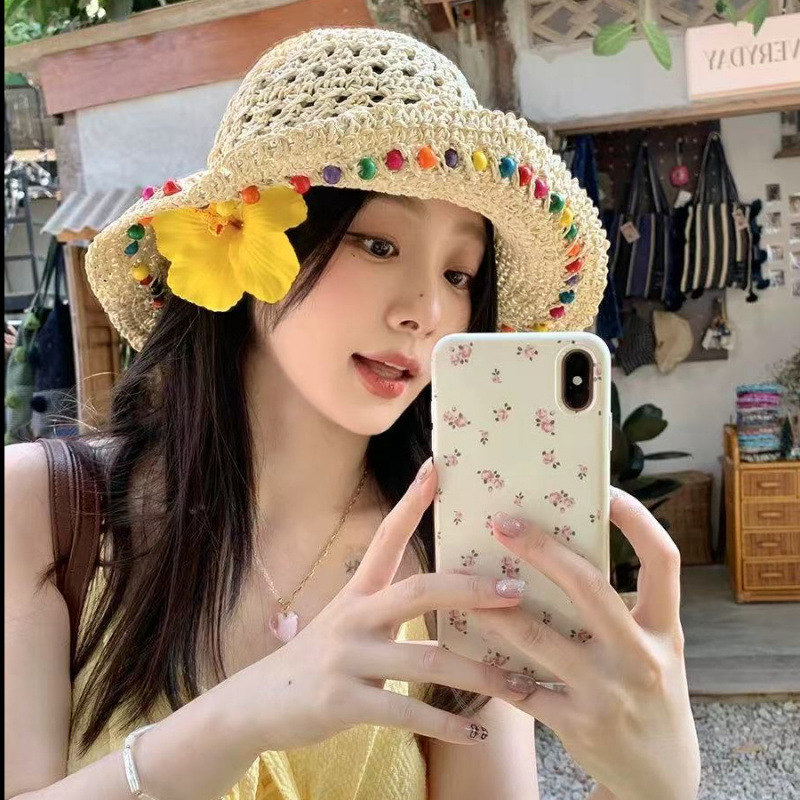 日系甜美蕾丝草帽女手工编织夏季防晒太阳帽出游大檐沙滩遮阳帽子