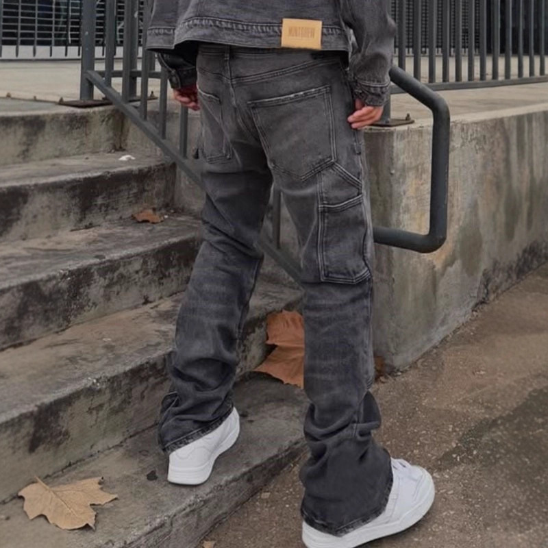 Men's Loose Fit Wide Leg Jeans Casual Ripped Hip Hop Style Stretch Flare Long Pants mid Waist Blue_mkmklike.com