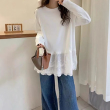 蕾丝花边长袖打底衫 叠穿白色T恤女秋新款大码胖mm中长款内搭打底