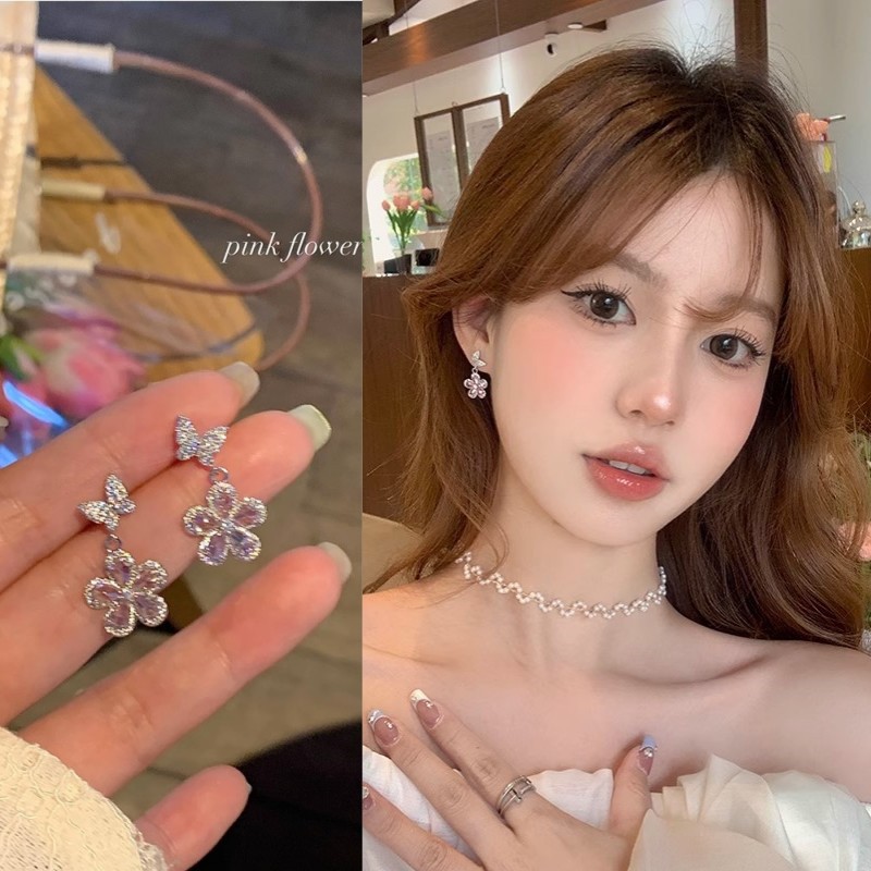 超閃鋯石蝴蝶花朵耳釘女小眾設計感高級輕奢耳環小清新甜美耳飾