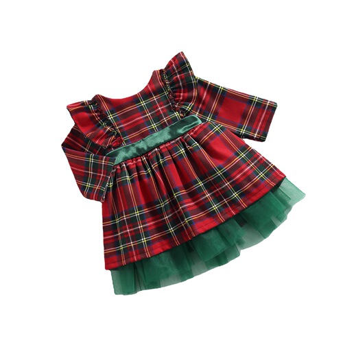 New Style Children's Clothing for Girls, Checkered Long-Sleeved Dress, Christmas Big Bowknot Netting Princess Dress 