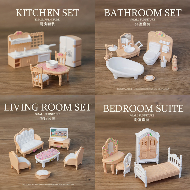 Miniatures Scene Play House Toy Simulation Furniture Bathroom Bathtub Bedroom Dining Room Baby House with Ornaments 1:12 Model