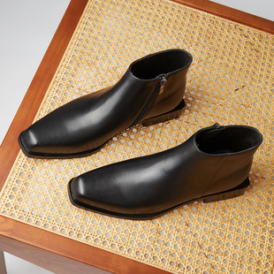 2022 New Men's Square Toe Leather Boots Low Heel Men's Shoes Winter fleece-lined Chelsea Boots Men's Boots