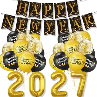 跨境新品 2027新年主题派对装饰 元旦拉旗跨年蛋糕插牌气球套装