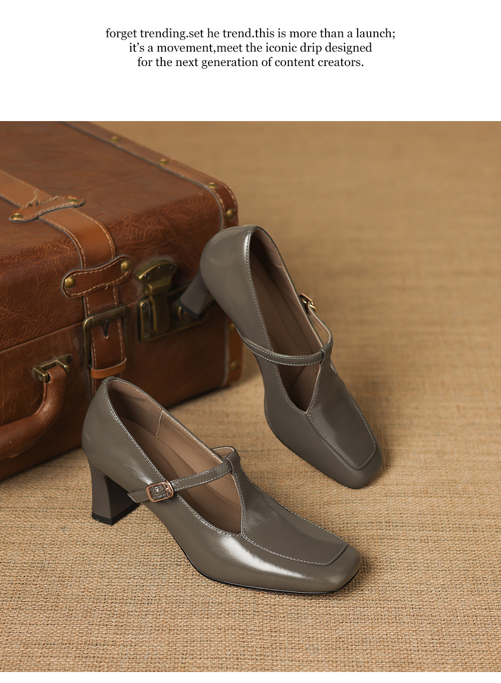 Giày cao gót nữ mũi vuông da cừu quai ngang khóa T phong cách vintage — Rượu vang đỏ chi tiết 19