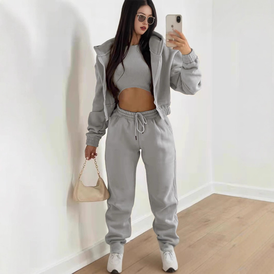Pantalones largos de tres piezas para mujer, estilo europeo y americano, con forro polar, sudadera con capucha, moda deportiva informal de invierno_voghion.com