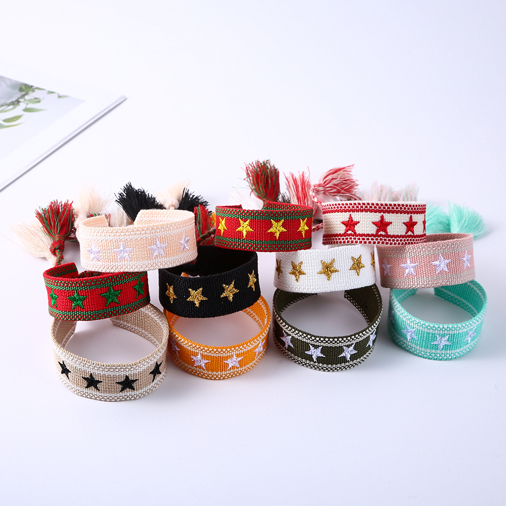 Cross-Border Jewelry Gold Five-Pointed Star Metal Rivet Woven Bracelet Star Tassel Wristband Hand Rope Handmade