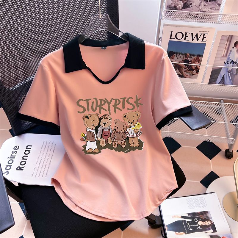 Camiseta de hombro más el tamaño de las mujeres 2023 Verano manga corta estilo francés Chubby Girl diseño vientre que cubre adelgazamiento POLO cuello carne escondite top image 5