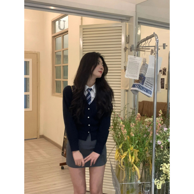 Korean College Style JK Uniform navy blue Sweater Cardigan White Long Sleeve Shirt dark gray Hip Skirt Three-Piece Suit
