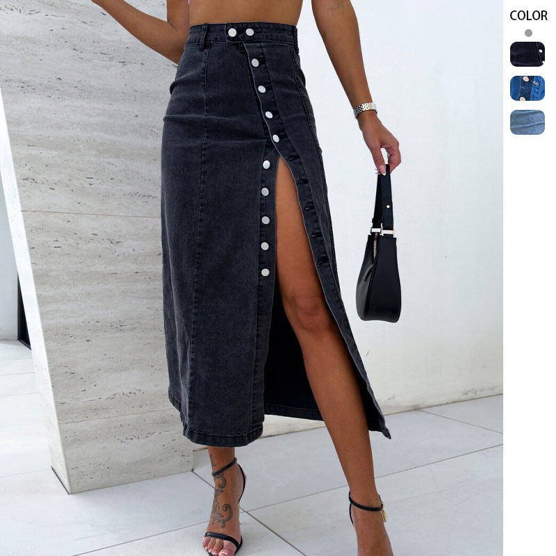 2025 Amazon New Button Irregular Split Half-length Denim Skirt High Waist Slim-fit Hip Skirt for Women