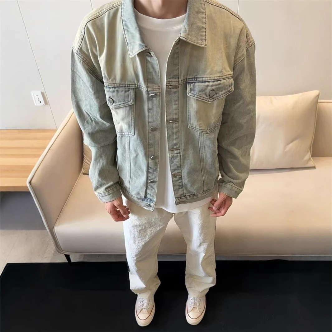 American retro yellow denim jacket for men, new spring and autumn fashion, trendy and cool lapel work jacket