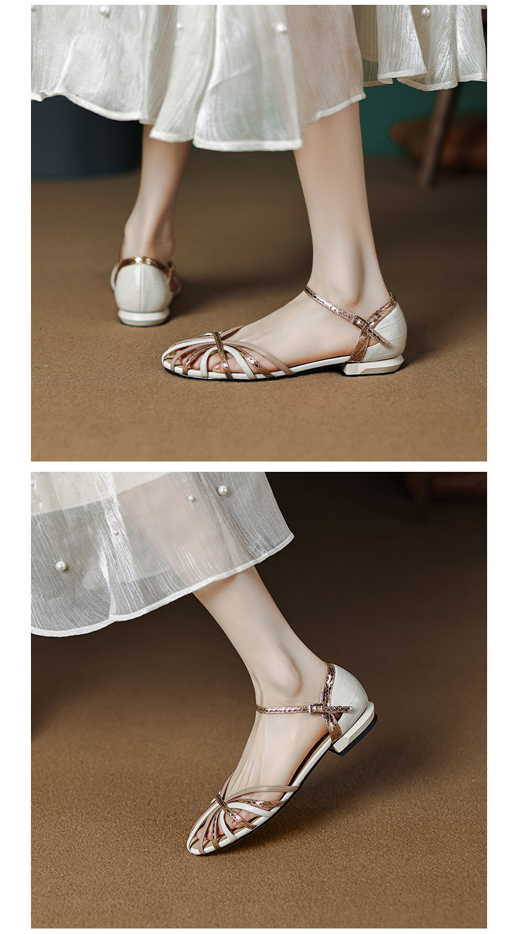 Dép sandal nữ đế bệt kiểu Pháp cổ điển, quai mảnh phối màu, thiết kế khoét lỗ và quai mắt cá chân — Màu xanh lục đậm chi tiết 7