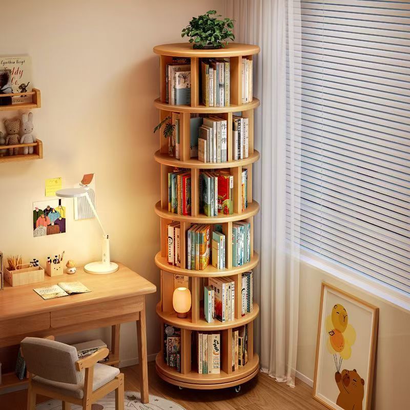 Solid Wood Rotating Bookshelf 360-Degree Bookcase Storage Rack Floor-Standing Integrated Wall-Mounted Removable Corner Kidsren's Small Narrow Cabinet
