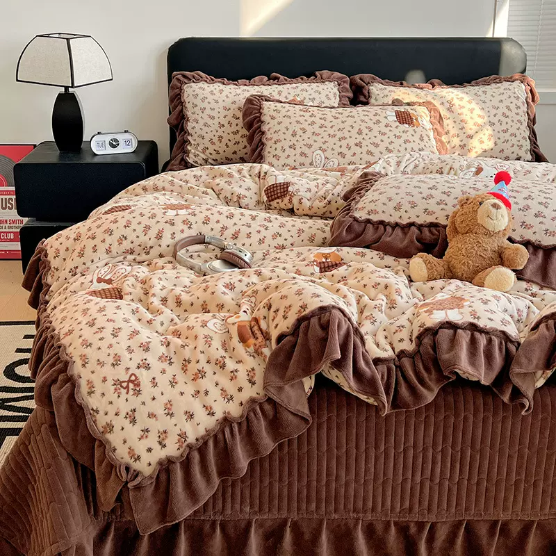 花边牛奶绒床盖床裙四件套冬季保暖双面绒床单床笠加厚绒套件批发