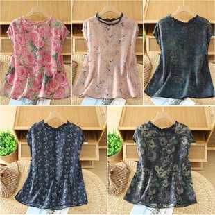 Real Shot of 2025 Summer Literary Retro Small Fresh Floral Round Neck Pullover Loose Slimming Versatile Tencel Cotton Top for Women
