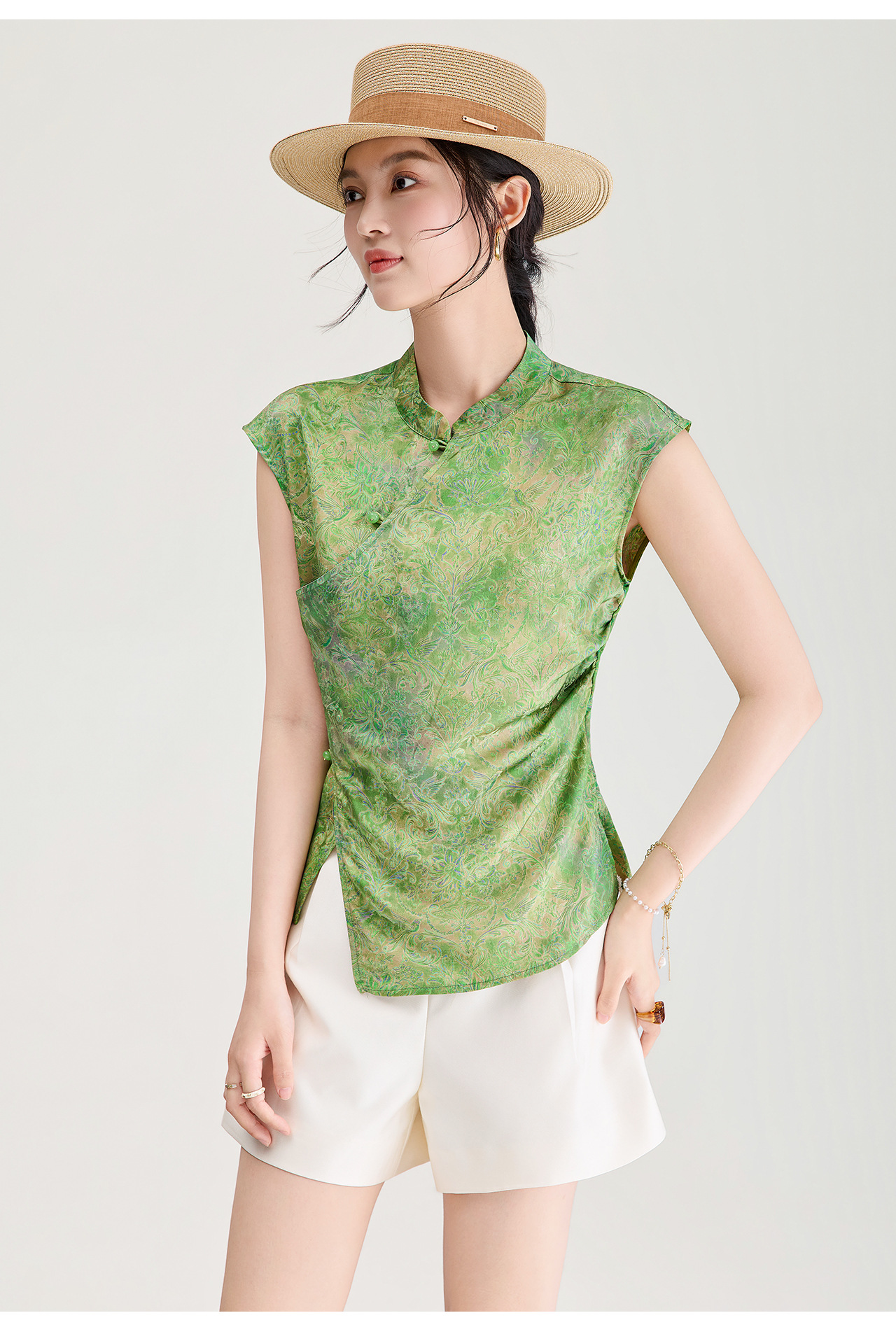 Áo vest không tay nữ kiểu Trung Quốc mới, chất lụa Jacquard nhuộm chìm, tà áo chéo, mặc mùa hè — màu xanh nhạt chi tiết 23
