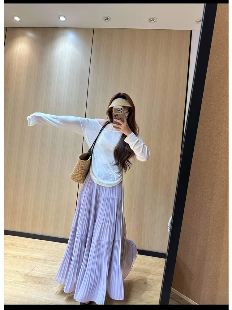シフォン紫のロングスカート レディース 秋 ゆったり 細見え Aライン プリーツスカート ドレープ感 優しい雰囲気 ミディアム丈スカート