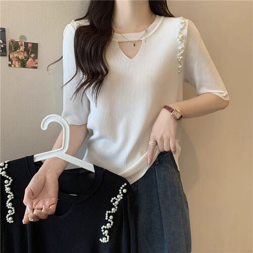 Women's belly-covering hollow ice silk short-sleeved base shirt 2025 summer mm slimming age-reducing foreign-style knitted top