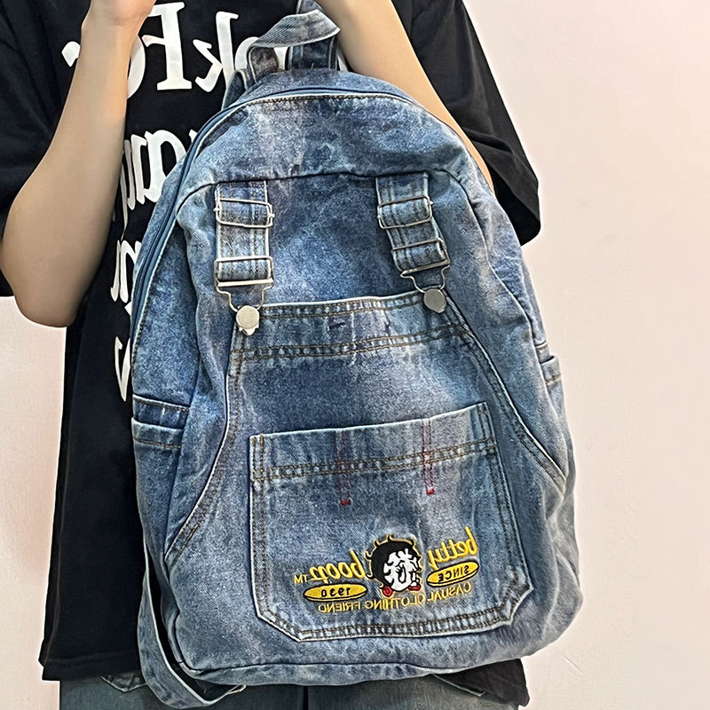 伊妮兒 牛仔雙肩包卡通大容量背包女東南亞跨境韓版休閒校園書包