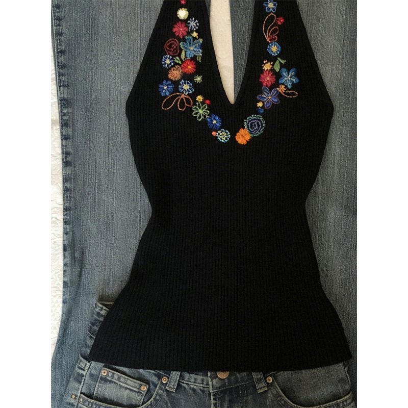 【Rayon Modal 2*2 Customizable 260G】Korean-Style Retro V-Neck Embroidered Sleeveless Halter Top
