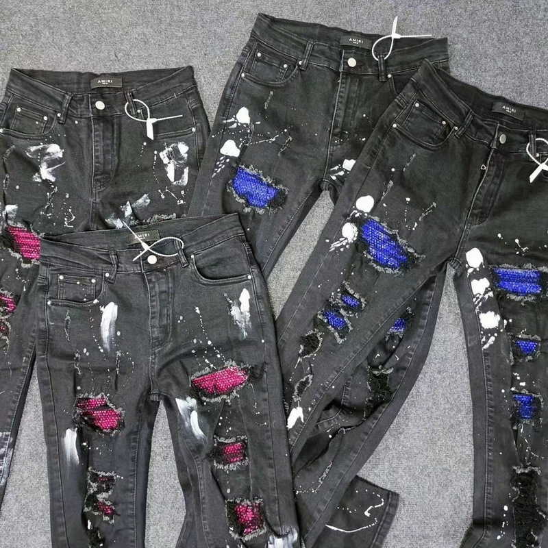 Gao Pin Independent AMIRI Black Hot Drilling Ripped Jeans Trousers High Street Black Foundation Ripped Tight Elastic