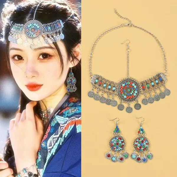 Ethnic style retro Miao colored beads headdress women's Exotic earrings Yunnan travel accessories ethnic characteristics hair accessories