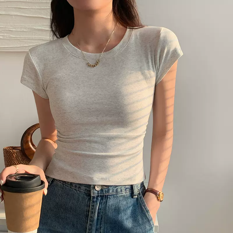 复古美式灰色t恤女正肩短袖2025新款内搭修身显瘦内衣打底衫现货